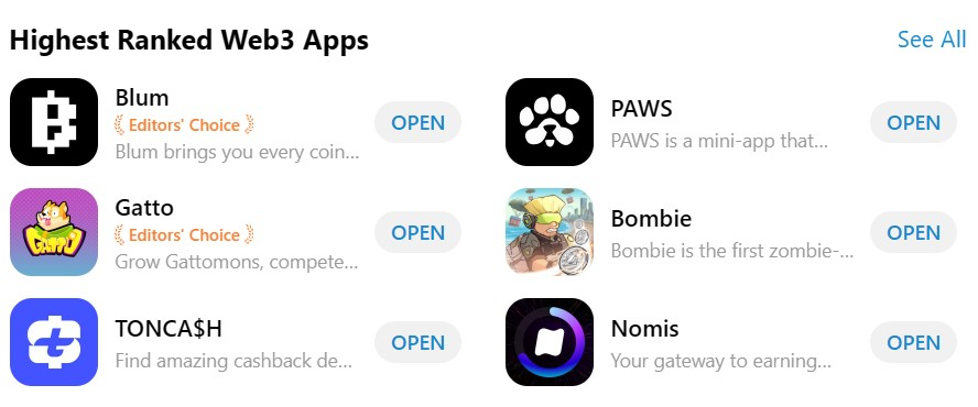 Highest-ranked Web3 apps on Telegram. Source: Telegram