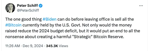 Peter Schiff urged Biden’s administration to ditch Bitcoin holdings before Donald Trump takes office in 2025. Source: Peter Schiff