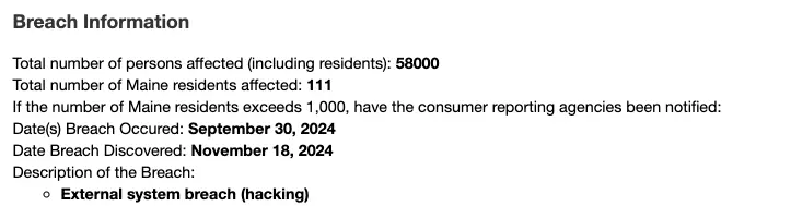 Byte Federal’s data breach information. Source: Maine.gov