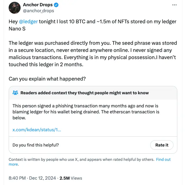 X user Anchor Drops claimed he lost 10 BTC and $1.5 million in NFTs stored on Ledger. Source: Anchor Drops