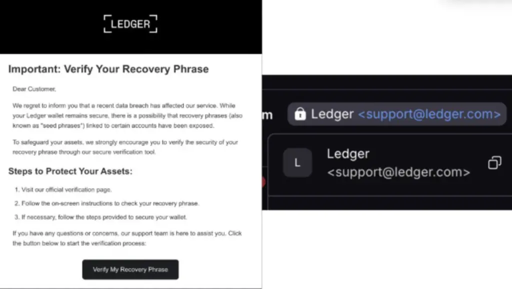 Details from Ledger’s spoofed email with Phishing scammers links. Source: X