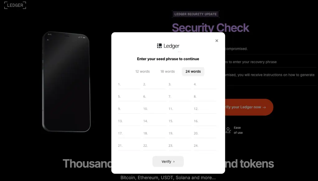 The legitimate-looking Ledger-branded site asks visitors to enter their private wallet seed phrase.