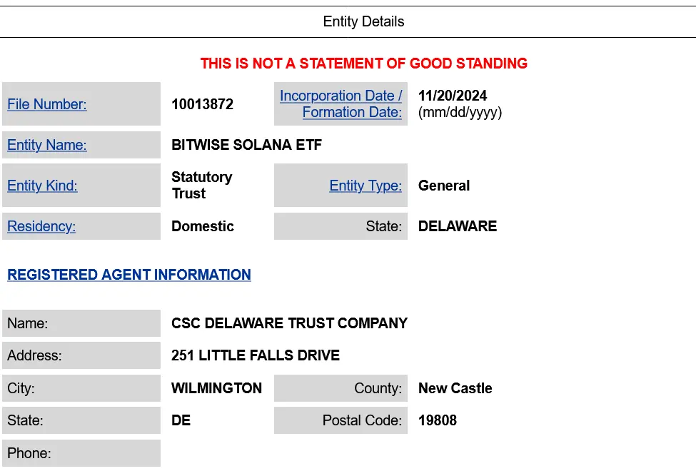 Bitwise’s Solana ETF registration in the US. Source: State of Delaware Division of Corporations