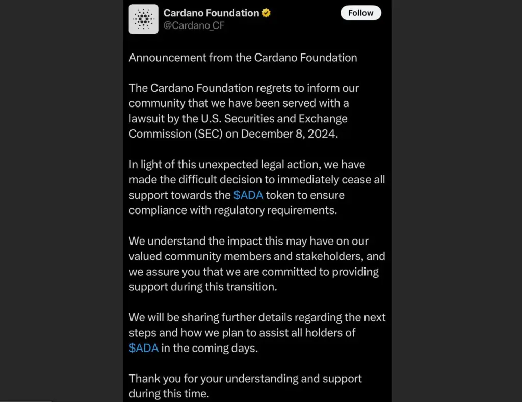 One of the fraudulent posts from the compromised Cardano Foundation X account. Source: ZackXBT