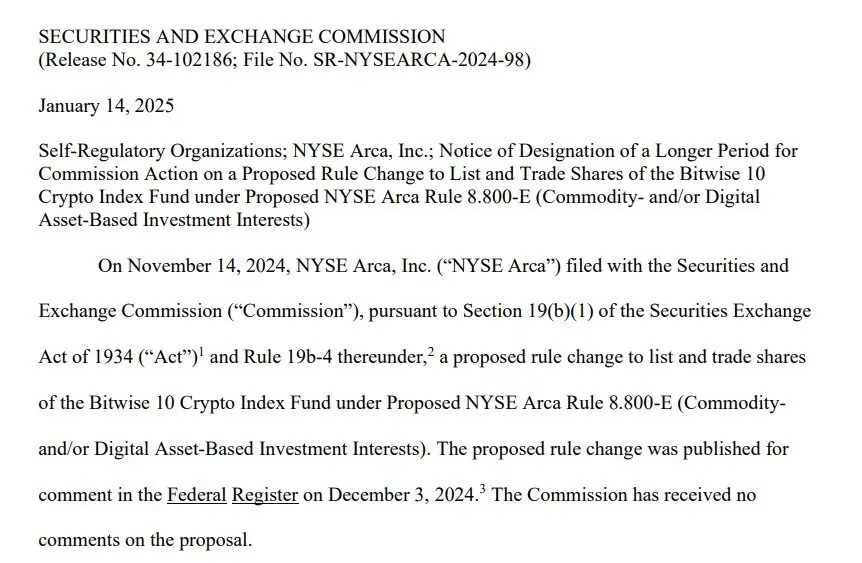 The SEC extended the timeline for reviewing Bitwise’s ETF. Source: SEC