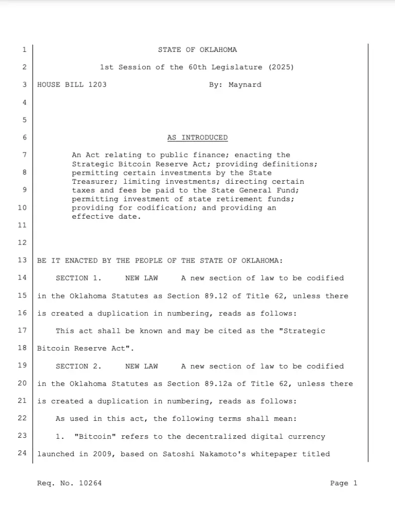 Oklahoma Strategic Bitcoin Reserve Act. Source: Oklahoma House of Representatives