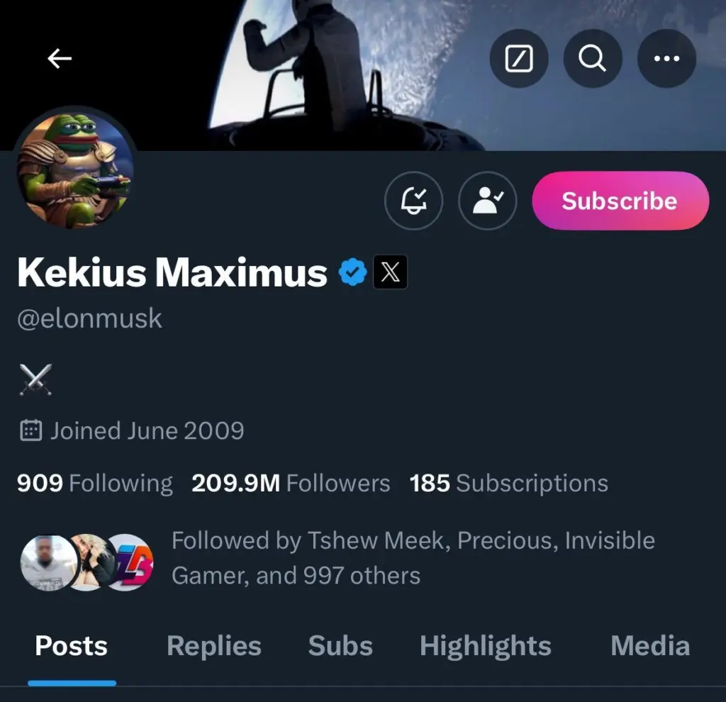 Elon Musk briefly changed his X profile name and display photo to Kekius Maximus. Source: X