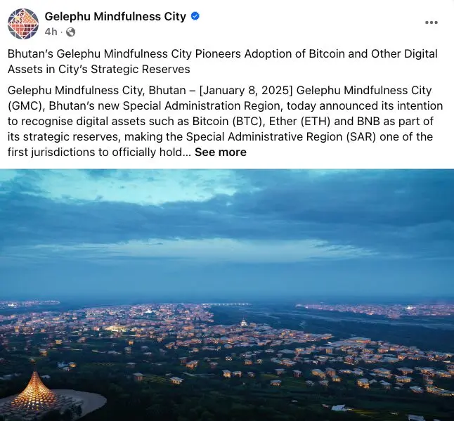 GMC’s crypto strategic reserve announcement. Source: Facebook