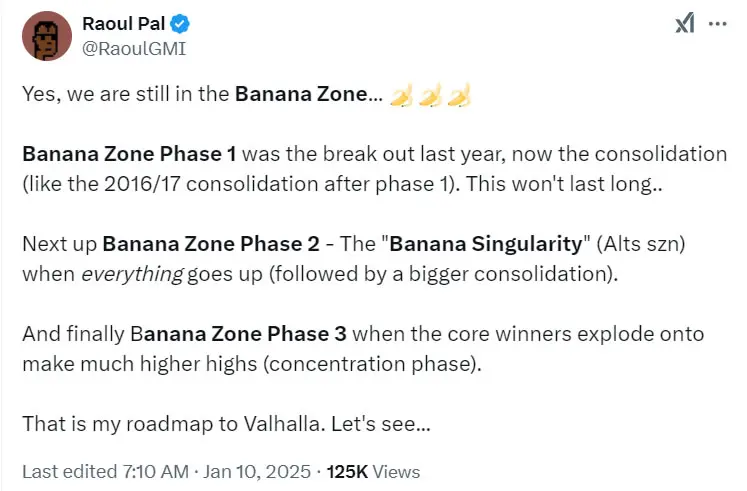 Raoul Pal predicts “Banana Zone Phase 2”. Source: Raoul Pal