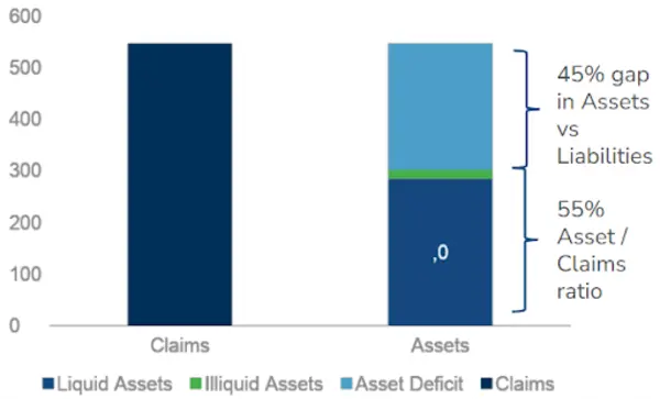 WazirX shows a 45% asset deficit compared to liabilities, highlighting a 55% asset-to-claims ratio.