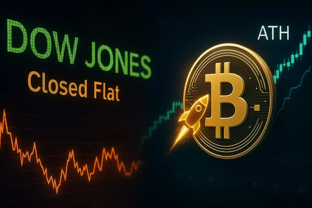 Dow Ends Flat as Bitcoin Hits New High