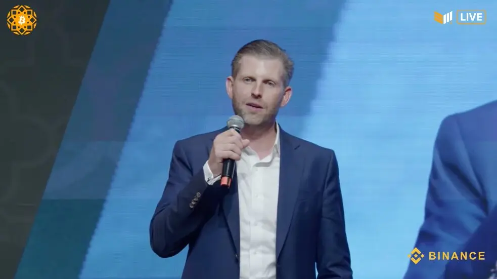 Eric Trump praised Bitcoin in a keynote speech at Bitcoin MENA in Abu Dhabi. Source: YouTube