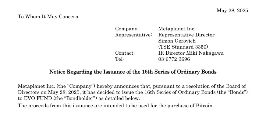 Excerpt of Metaplanet’s announcement to issue zero-interest bonds to buy Bitcoin. Source: Metaplanet