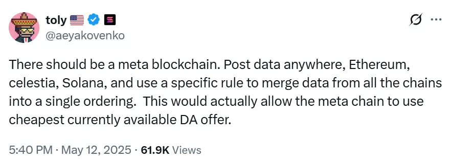 Anatoly Yakovenko Unveils Meta Chain to Tackle Fragmentation - Protechbro: Top Stories on Bitcoin, Ethereum, Web3, & Blockchain Source: Anatoly Yakovenko