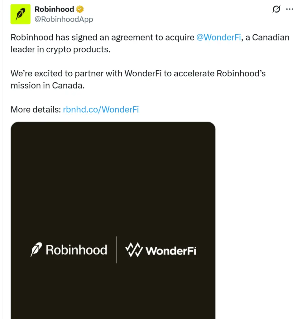 Robinhood to acquire Canada’s WonderFi for $179M in global crypto push - Protechbro: Top Stories on Bitcoin, Ethereum, Web3, & Blockchain Robinhood to acquire Canada’s WonderFi for $179M in global crypto push - Protechbro: Top Stories on Bitcoin, Ethereum, Web3, & Blockchain