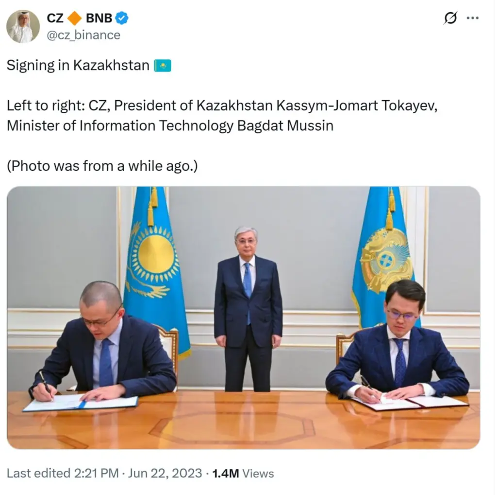 Binance’s CZ signed an MOU with Kazakhstan in 2023. Source: CZ