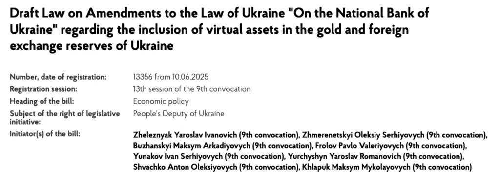Ukrainian lawmakers introduced a draft bill on crypto asset reserves on Tuesday. Source: Verkhovna Rada