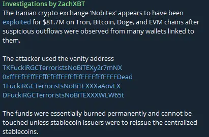 Iranian crypto exchange hacked
Source: Telegram; Iranian Crypto Exchange Hack