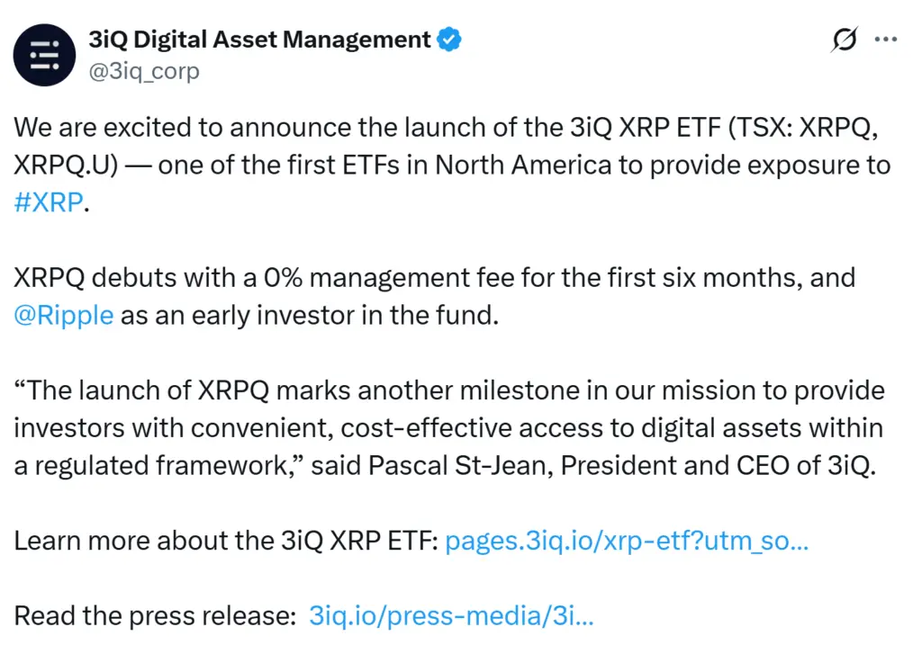 3iQ Launches XRP ETF on TSX with Ripple as Backer - Protechbro: Top Stories on Bitcoin, Ethereum, Web3, & Blockchain