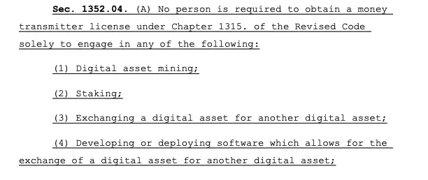 An excerpt of HB 116 listing some of the crypto activities that won’t require a money transmitter license. Source: The Ohio Legislature 