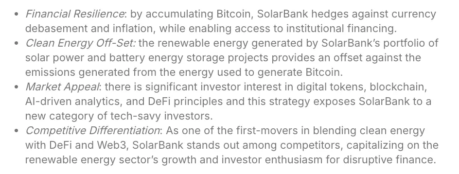 SolarBank’s reasons for adopting a Bitcoin treasury strategy. Source: SolarBank