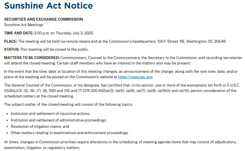 XRP Lawsuit- SEC Appeal Dismissal May Take Weeks Or More - Protechbro: Top Stories on Bitcoin, Ethereum, Web3, & Blockchain Source: SEC; July 3 Meeting