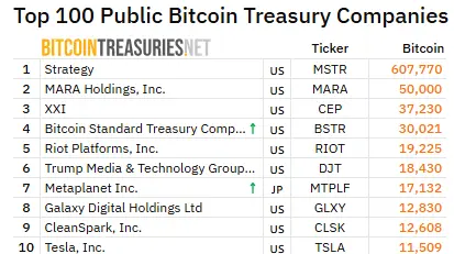 Bitcoin holding companies
Source: Bitcoin Treasuries; Top BTC Holding Public Companies