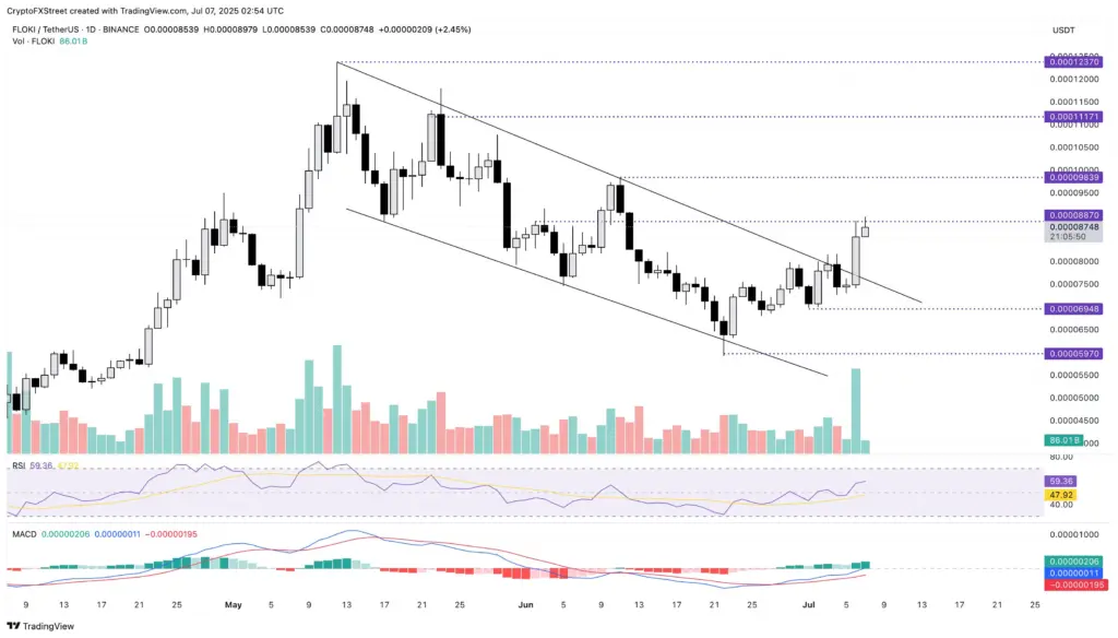 FLOKI/USDT daily price chart.