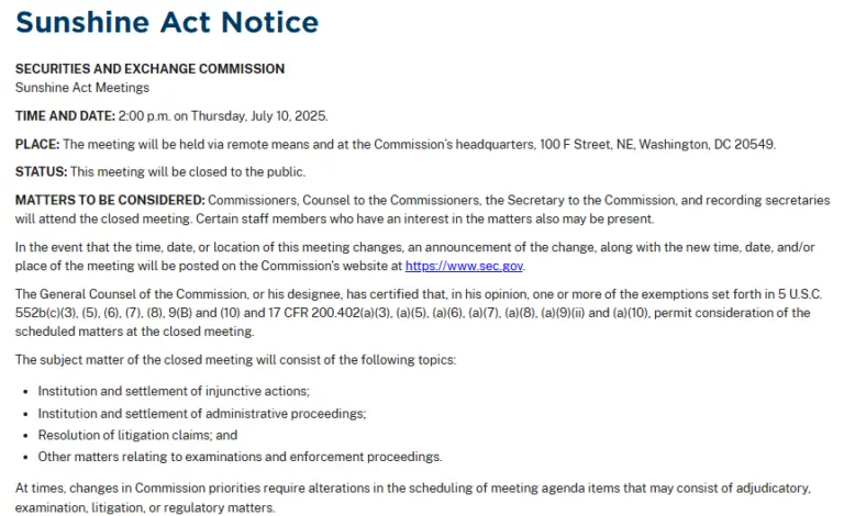 Source: SEC; Sunshine Act Notice