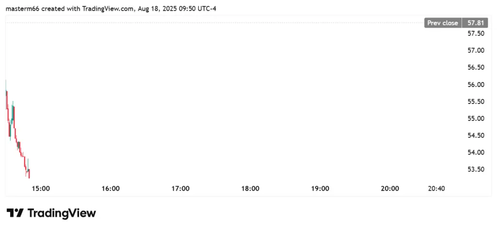 BitMine stock drops sharply from $57.81 in early trading session
BitMine chart shows a steep intraday decline but strong long-term performance gains.