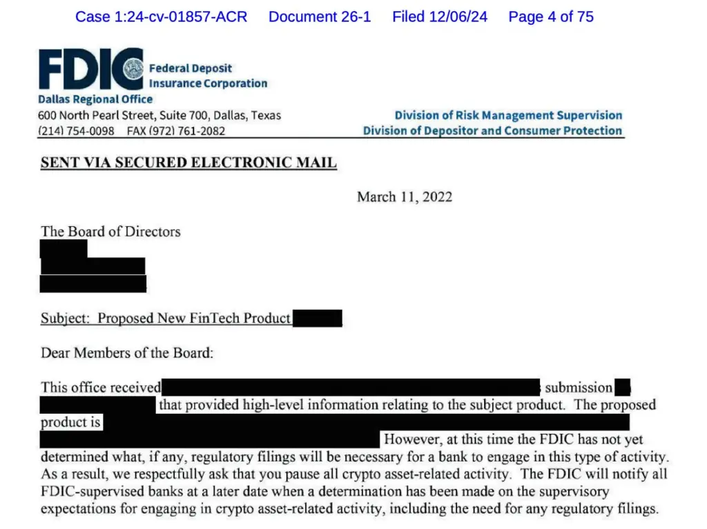 A redacted letter the FDIC sent in 2022 to a company asking it to pause its crypto activities. Source: FDIC