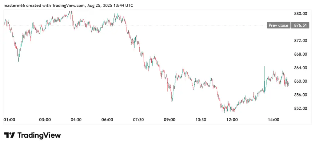 an image describing BNB price chart showing intraday decline from $876 to $860 on August 25, 2025.
BNB price chart showing a slip despite monthly gains